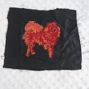 Vintage Needlepoint Embroidery Dog Pom Samoyed Goth Satin Crewel Stitched Decor